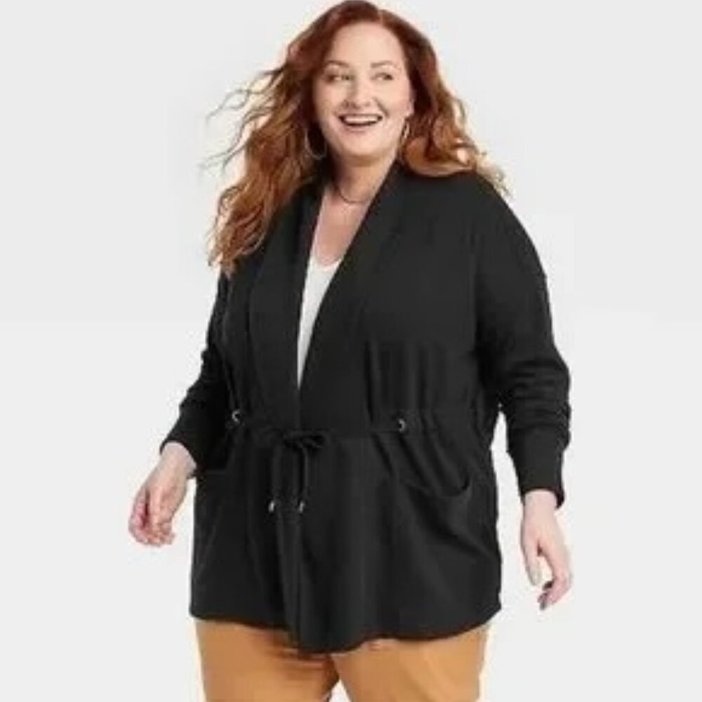 Torrid NEW Soft Knit Fleece lined Roll-Tab Sleeve Drawstring Cardigan 5X Black
